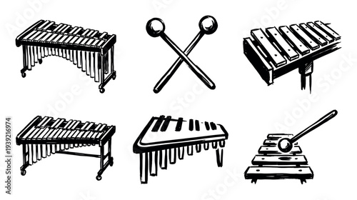 Set of hand-drawn xylophone and marimba illustrations in a black and white sketch style, showing various percussion instruments and mallets for musical concepts