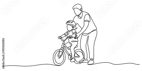 Father Helping Child Ride Bicycle Continuous One Line Drawing Vector