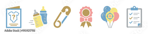 Gender reveal party icon collection featuring a question mark invitation, feeding bottles, diaper pin, award ribbon, balloons, and a planning checklist in a flat vector style