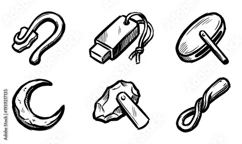 Set of six hand-drawn black icons in a rough sketch style, featuring a fantasy hook, USB drive, hand mirror, crescent moon, stone tool, and a twisted clasp