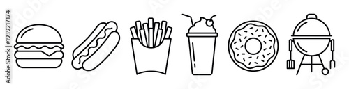 Set of black line art icons featuring fast food and barbecue items like a hamburger, hot dog, french fries, milkshake, donut, and a grill, rendered in a simple minimalist style