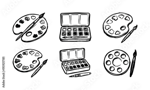 Hand-drawn black and white set of artist palettes and watercolor paint boxes with brushes, presented in a sketchy doodle style for creative and artistic concepts