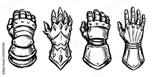 Four medieval knight gauntlets in a hand-drawn ink sketch style showing different armor designs for fantasy role-playing games or historical concepts