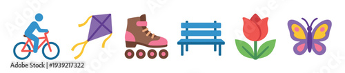 Collection of colorful spring activity icons including a cyclist, kite, roller skate, bench, tulip, and butterfly in a flat vector illustration style for outdoor recreation concepts