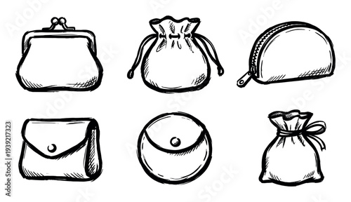 Set of six hand-drawn purse and pouch illustrations in a black ink sketch style, featuring various designs like clasp, drawstring, and zipper for holding money and accessories