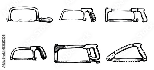 Collection of six different hacksaw tools illustrated in a bold black and white line art style, showcasing various designs of hand saws for construction and DIY projects