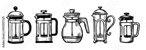 Collection of hand-drawn French press coffee makers in various designs, illustrated in a black ink sketch style for a rustic and artistic kitchenware concept