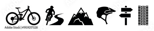Set of black mountain biking icons featuring a full suspension bike, cyclist on a trail, mountain range, helmet, signpost, and tire track in a minimalist silhouette style