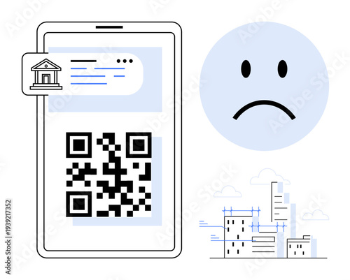 QR code usage. QR code displayed on a mobile device with a banking symbol, finance and transactions. QR code for payment, banking apps, and city development. Perfect for fintech, urban planning, app