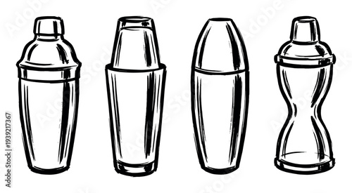 Four different cocktail shakers in a hand-drawn sketch style are shown in a row, including Boston, Cobbler, and Parisian types of barware for mixing drinks