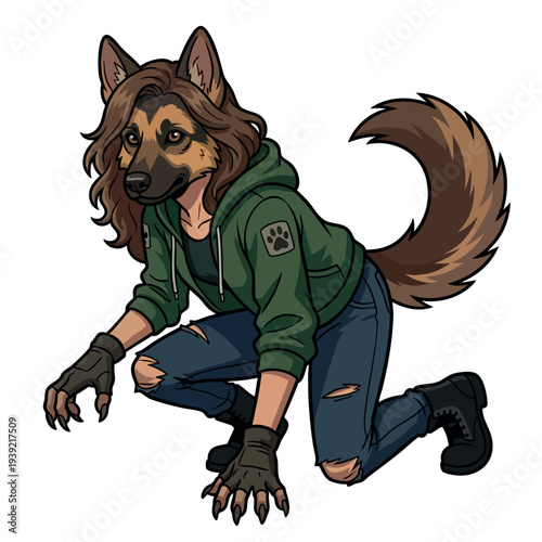 German Shepherd therian girl crouching in green hoodie