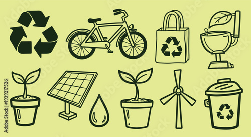 Collection of eco friendly symbols and objects representing sustainability and green living concepts