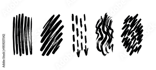 Set of black hand-drawn brush strokes featuring various abstract shapes like lines, dashes, waves, and scribbles, showcasing a rough, textured, and artistic grunge style