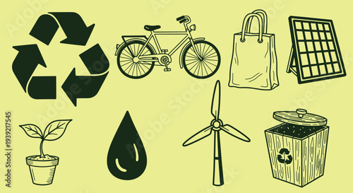 Sustainable living symbols including recycling bicycle solar panel wind turbine and seedling on yellow background