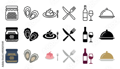 Collection of gourmet food and fine dining icons presented in three styles, including line art, silhouette, and flat color, featuring caviar, oysters, dessert, and wine