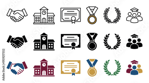 Collection of vector icons for education and graduation, featuring a school, diploma, medal, handshake, and students in outline, solid black, and colorful flat design styles