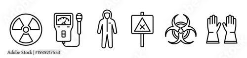 Hazardous materials and safety equipment icon set showing radiation and biohazard symbols, a Geiger counter, a person in a hazmat suit, a warning sign, and protective gloves