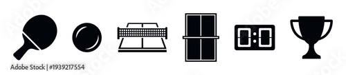 Set of black table tennis icons including a paddle, ball, net, table, digital scoreboard, and trophy, presented in a minimalist glyph style for sports concepts