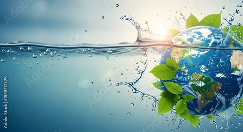 Earth globe underwater with leaves and bubbles