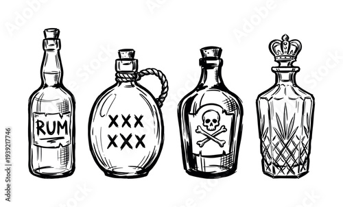 Four hand-drawn vintage bottles of alcohol in a black ink sketch style, including rum, poison with a skull, a moonshine jug, and an ornate crystal decanter with a crown