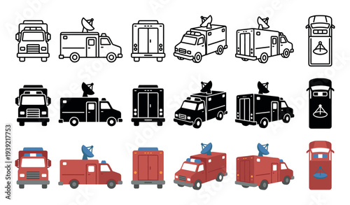 Satellite truck vector icon set in line, silhouette, and flat color styles, featuring multiple perspectives like front, side, rear, top-down, and 3D isometric views