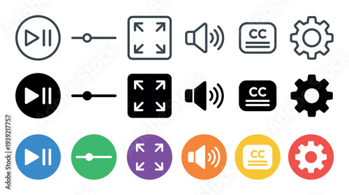 Collection of video player control icons in three different design styles including line, solid glyph, and colorful flat for user interface and application development