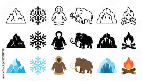 Set of prehistoric Ice Age icons featuring a mammoth, snowflake, parka, mountain, cave, and campfire, shown in three different graphic styles: outline, silhouette, and color
