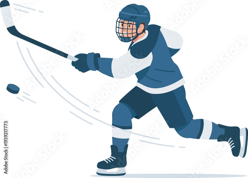 Flat vector illustration of a male ice hockey player in a navy and white uniform taking a powerful slap shot. Ideal for sports branding, hockey club logos, and winter athletic graphics.
