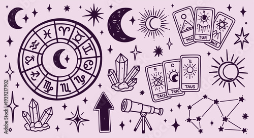 Esoteric celestial symbols and zodiac wheel with tarot cards crystals and telescope on pastel background