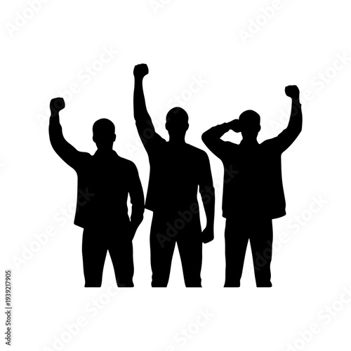 Silhouette of three men with raised fists in protest.