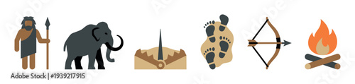 Set of prehistoric Stone Age icons showing a caveman, mammoth, trap, footprints, bow, and campfire in a simple flat vector illustration style
