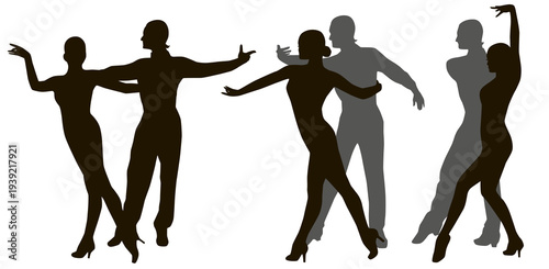 Couple of man and woman dancing together sport dance. Vector silhouette of dancers.