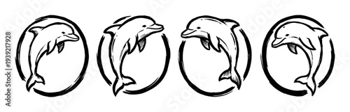 Four black ink brush stroke dolphin illustrations showing playful marine mammals jumping in a simple, artistic hand-drawn sketch style set of icons for a creative logo design