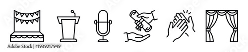 Set of black line art icons for graduation and award ceremonies featuring a stage, podium, microphone, diploma, applause, and curtain in a minimalist style