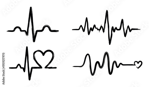 Collection of black grunge heartbeat lines with heart shapes, illustrating different pulse rhythms in a hand-drawn brush stroke style for medical and romantic concepts