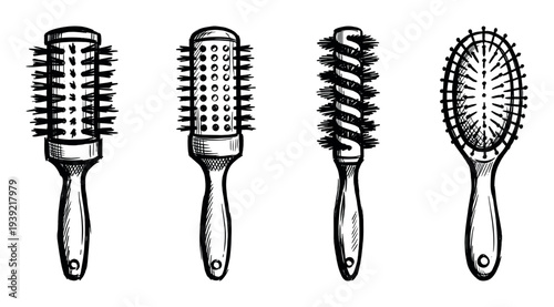 Set of four hand-drawn hairbrushes in a black ink sketch illustration style, featuring various types of professional hairdressing and styling tools for beauty care