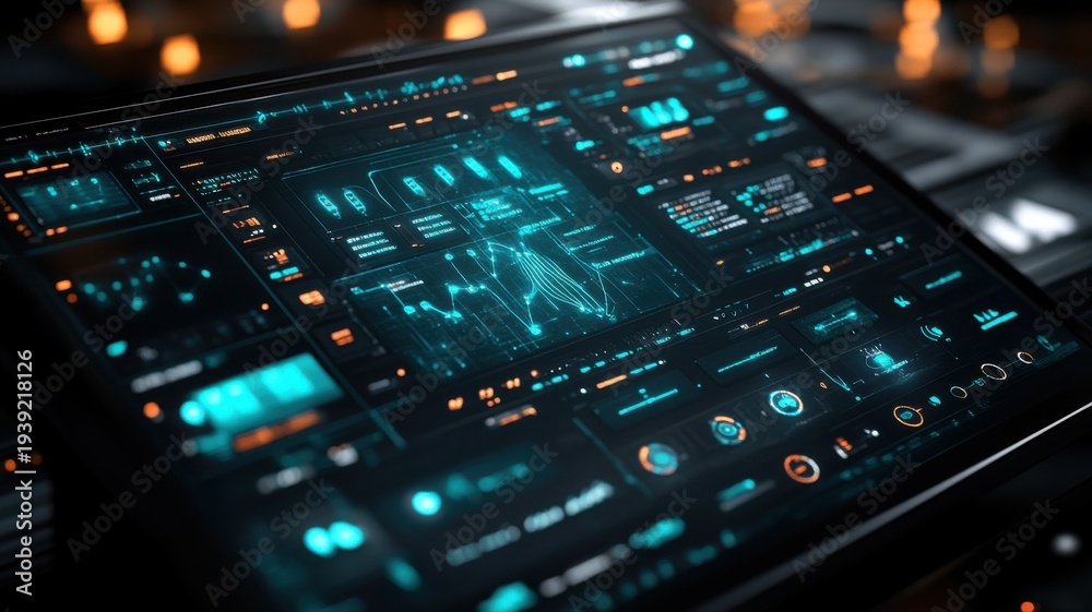 Obraz premium Futuristic Digital Display Interface with Abstract Data and Glowing Elements digital data interface