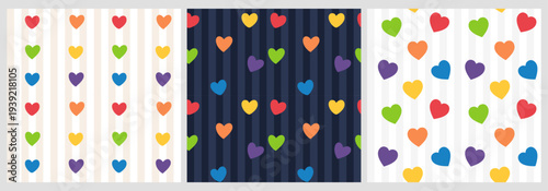 Set of colorful rainbow hearts seamless pattern and stripes.Collection of pride month background.Multicolored vector wallpaper for fabric, paper and prints.