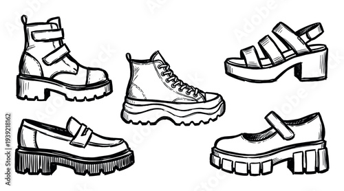 Hand-drawn set of trendy platform shoes including boots, sneakers, sandals, and loafers in a black and white ink sketch style illustration for modern fashion concepts