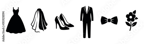 Black silhouette icons of wedding attire including a bride's dress, veil, shoes, and a groom's tuxedo, bow tie, and flower, arranged in a clean, minimalist vector set