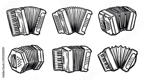 Set of six hand-drawn accordion illustrations in a black and white sketch style, showcasing various concertina and piano accordion models from different perspectives