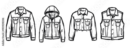 Four hand-drawn denim jackets in a sketch style, including a classic trucker, hooded jacket, cropped version, and sleeveless vest, presented in a graphic black and white illustration set