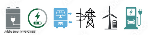 Renewable energy and electric power icon set showing battery storage, charging, solar inverter, grid, wind turbine, and EV station in a flat minimalist style