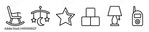 Set of nursery and baby themed icons featuring a rocking chair, crib mobile, star, toy blocks, lamp, and baby monitor in a minimalist black and white line art illustration