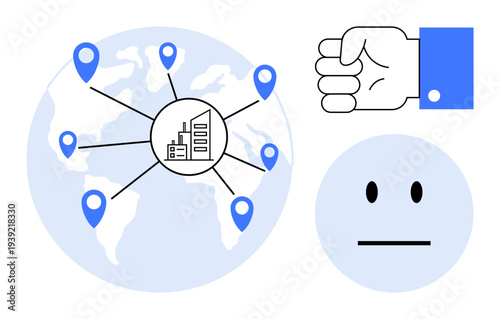 Supply chain, logistics, decision-making, globalization, emotions, industry. Visual connecting global locations to an industrial hub, accompanied by symbols decisions and emotions. Supply chain