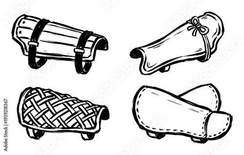 Set of four hand-drawn greaves and shin guards in a black and white ink sketch style, showing various historical and fantasy armor designs for leg protection