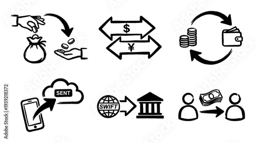Six black ink brush stroke style icons showing financial concepts like online payment, global banking, cash flow, currency exchange, and person-to-person money transfer