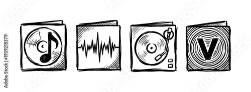 Four black and white hand-drawn music icons in a sketchy doodle style showing a vinyl record with a note, a soundwave, a turntable, and a letter V