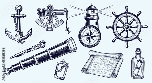 Nautical navigation tools and symbols including anchor sextant spyglass compass ship wheel map and message in a bottle