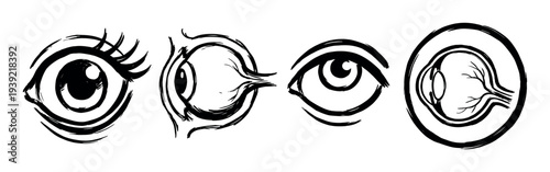 Set of four hand-drawn eye illustrations in a black ink brush stroke style, featuring stylized cartoon eyes, a profile view, and an anatomical cross-section of the eyeball